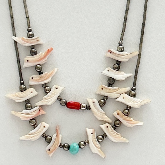 Vintage Southwestern Two Strand Fetish Turquoise Coral Sterling Silver Necklace - Picture 9 of 13